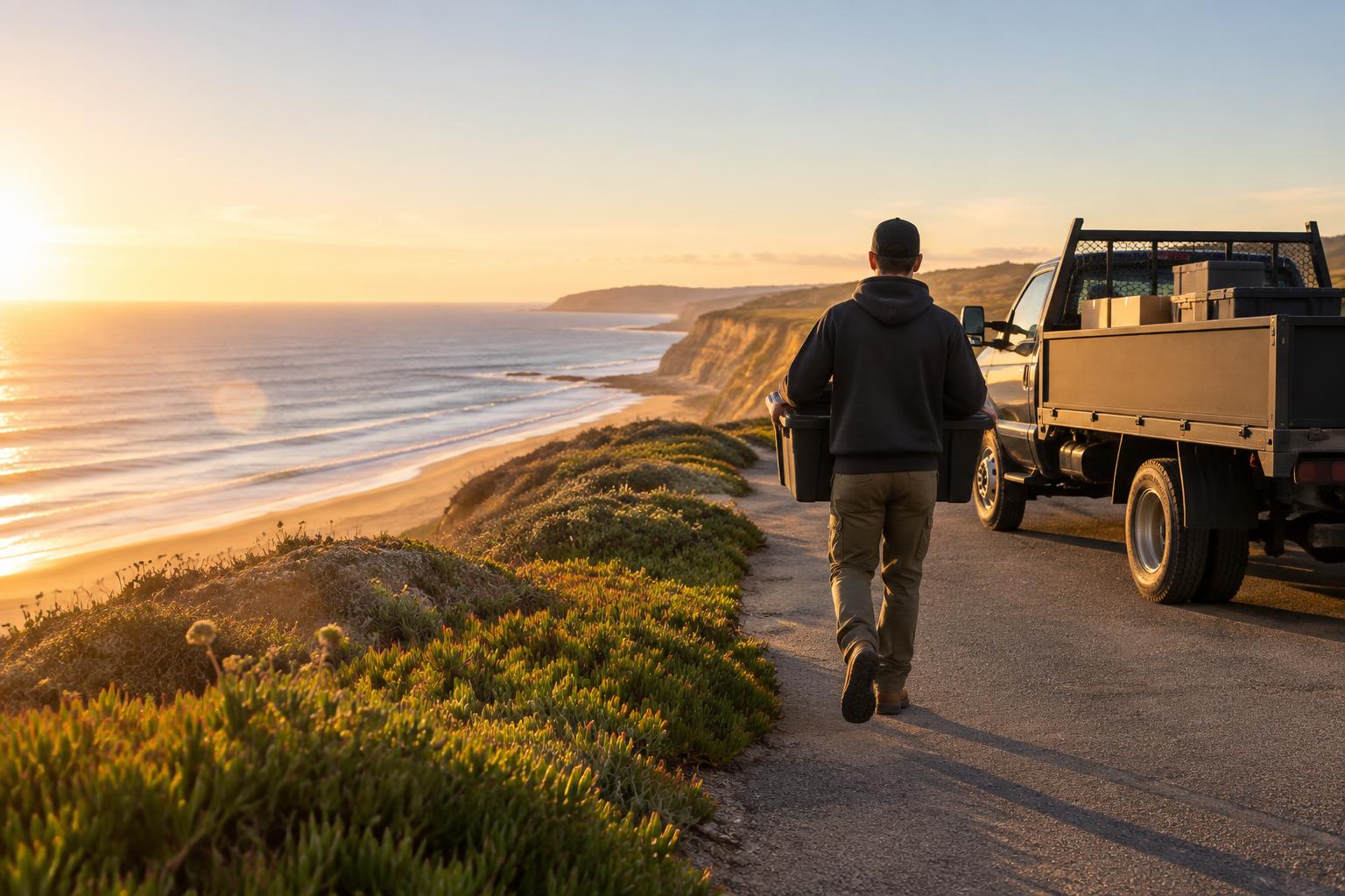 Rooted crew member carrying a bin toward a work truck on a coastal bluff in Half Moon Bay